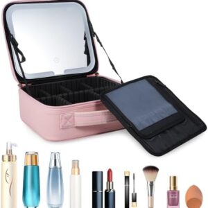 Travel Makeup Bag with LED Lighted Mirror, 3 Brightness Settings, Waterproof, Adjustable Dividers, Pink