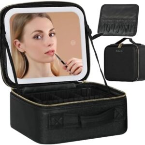 Travel Makeup Bag with LED Lighted Mirror and Adjustable Dividers for Cosmetics and Jewelry (Black)