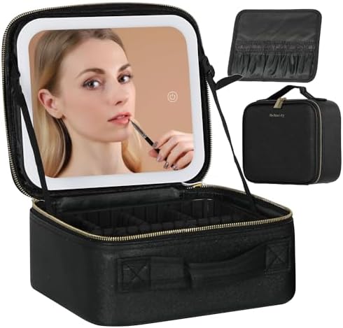 Travel Makeup Bag with LED Lighted Mirror and Adjustable Dividers for Cosmetics and Jewelry (Black)