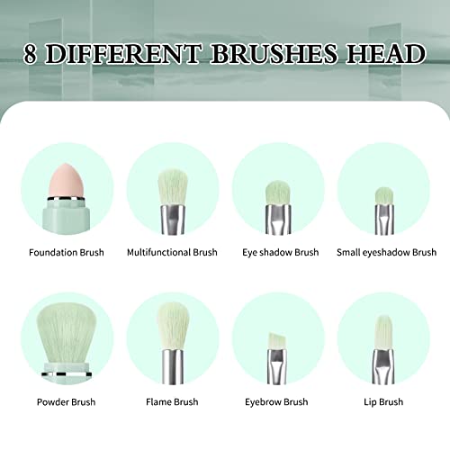 Travel Makeup Brushes Set with 8 in 1 Retractable Mini Powder Brush and Storage Box (Green) - Image 6