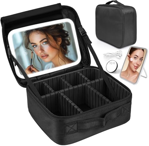 Large Capacity Travel Makeup Case with Mirror, 3 Brightness Levels, Waterproof