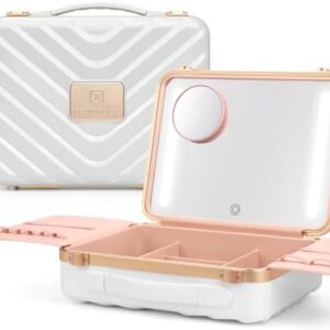 Portable White Travel Makeup Train Case with Mirror and 3 Color LED Lights