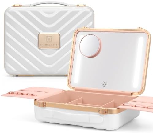 Portable White Travel Makeup Train Case with Mirror and 3 Color LED Lights