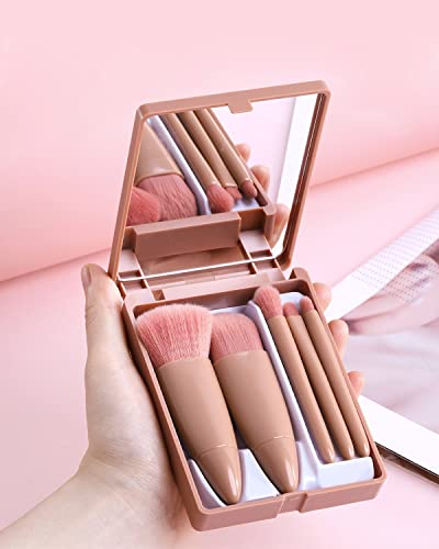 Pink 5-Piece Mini Makeup Brush Set with Travel Case and Mirror