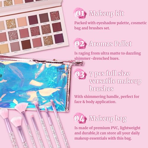 UCANBE 18 Color Nude Eyeshadow Makeup Kit with 7 Soft Brushes and Pink Bag for Women and Teens - Image 2