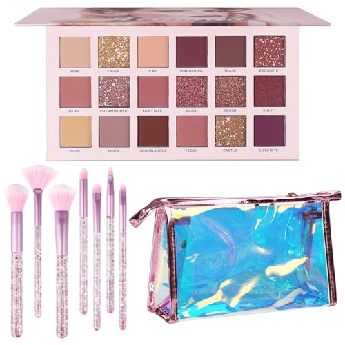 UCANBE 18 Color Nude Eyeshadow Makeup Kit with 7 Soft Brushes and Pink Bag for Women and Teens