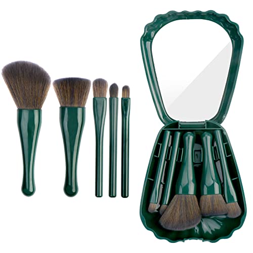 Yoseng Travel Makeup brushes Set,5pcs Mini Complete Function Travel Portable Cosmetic Brushes Kit with Mirror Case,Women's Travel Essentials(cyan-green)
