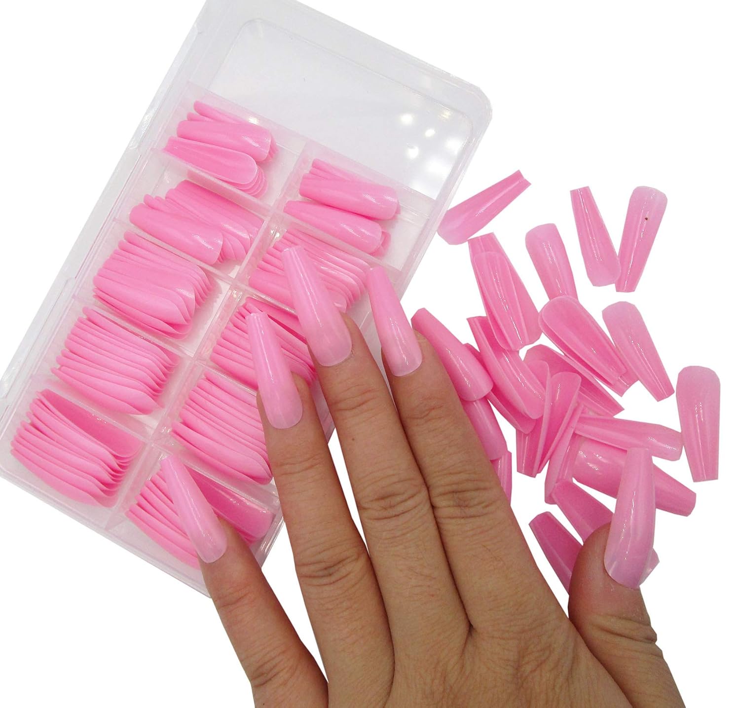 100pc Extra Long Pink Coffin Press-On Nails for Women & Girls - Image 2