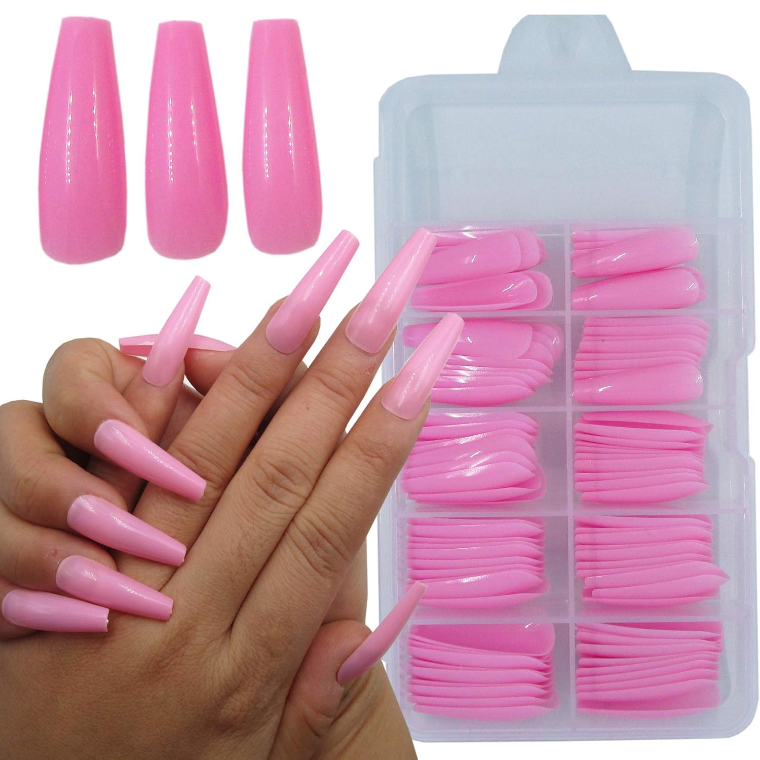 100pc Extra Long Pink Coffin Press-On Nails for Women & Girls
