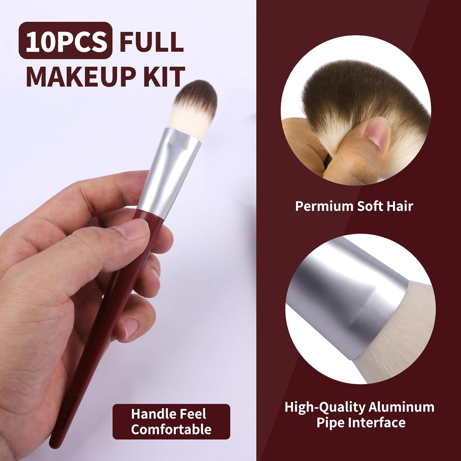 10Pcs Red & White Professional Makeup Brush Set for Face & Eyes - Image 5