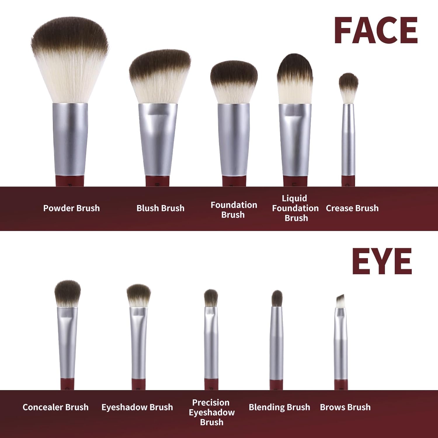 10Pcs Red & White Professional Makeup Brush Set for Face & Eyes - Image 2