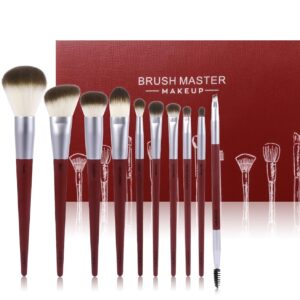 10Pcs Red & White Professional Makeup Brush Set for Face & Eyes