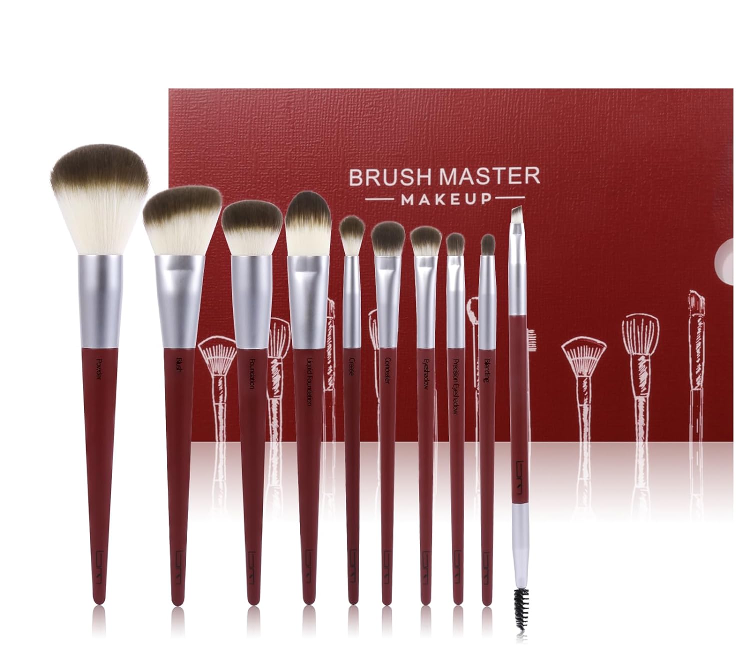 10Pcs Red & White Professional Makeup Brush Set for Face & Eyes