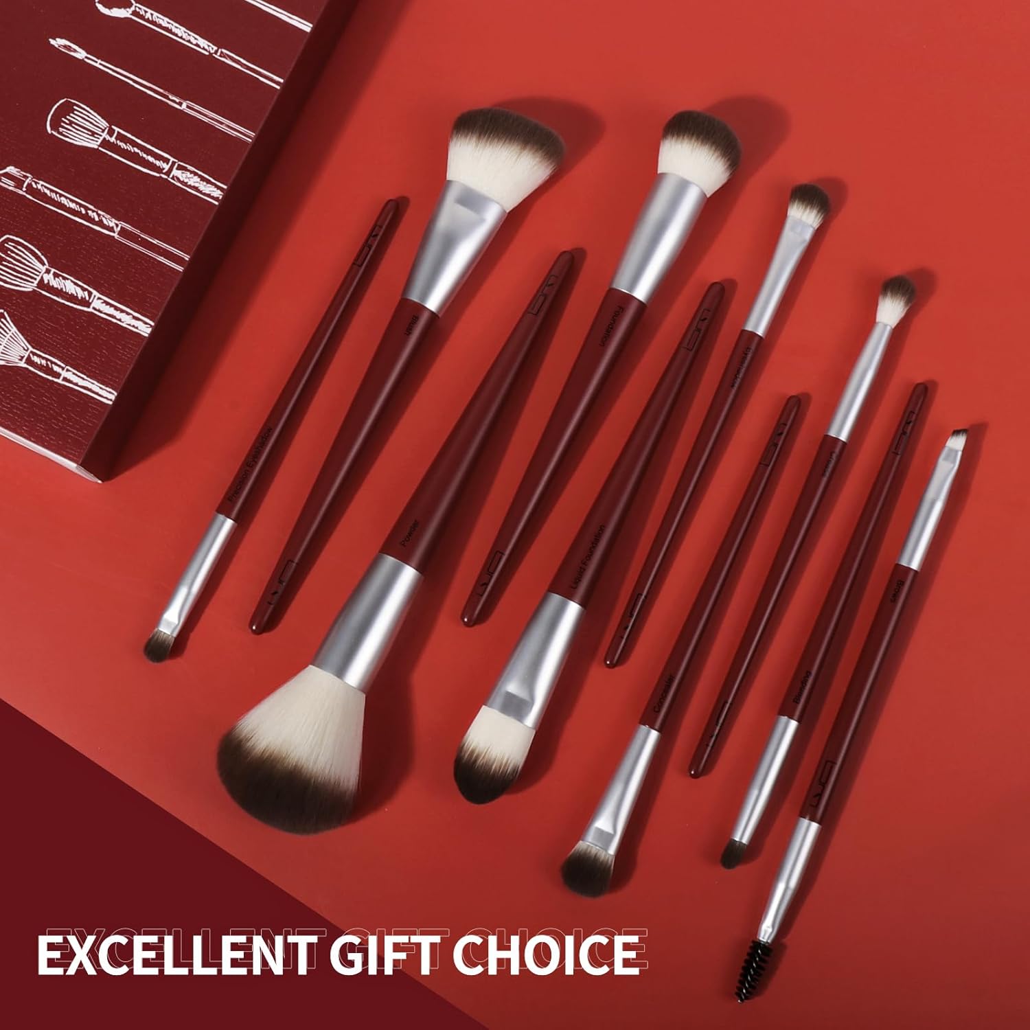 10Pcs Red & White Professional Makeup Brush Set for Face & Eyes - Image 7