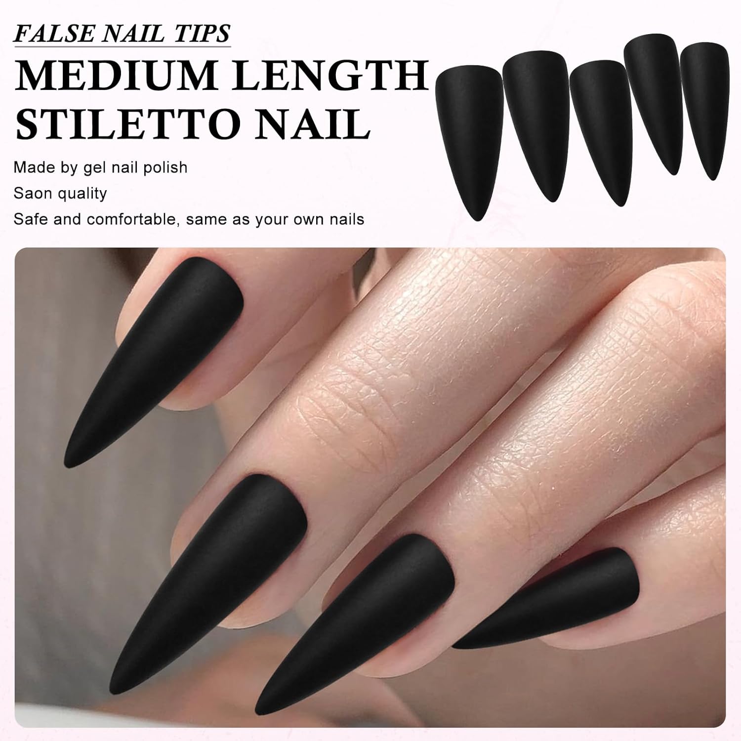 120pcs Matte Black Stiletto Press-On Nails, Long Full Cover, 10 Sizes - Image 5