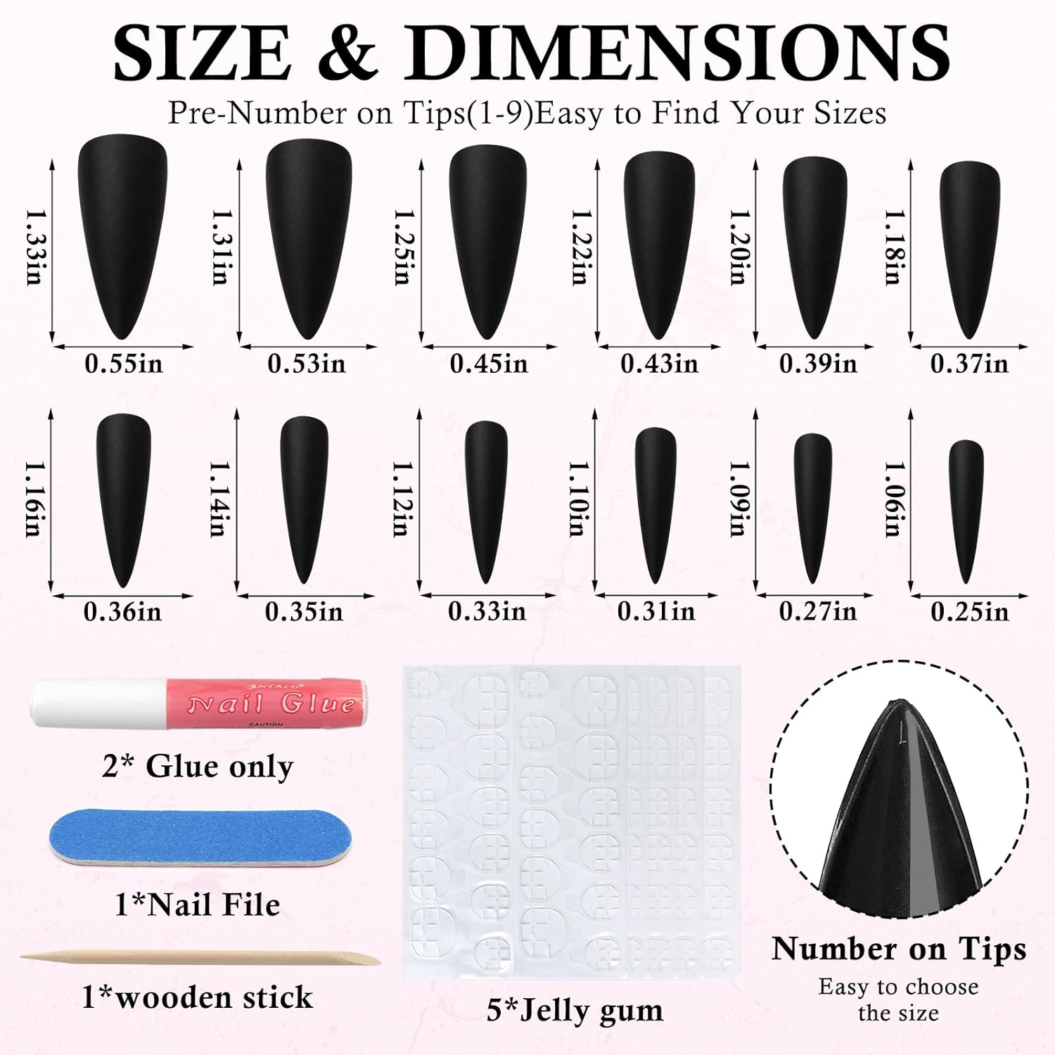 120pcs Matte Black Stiletto Press-On Nails, Long Full Cover, 10 Sizes - Image 4
