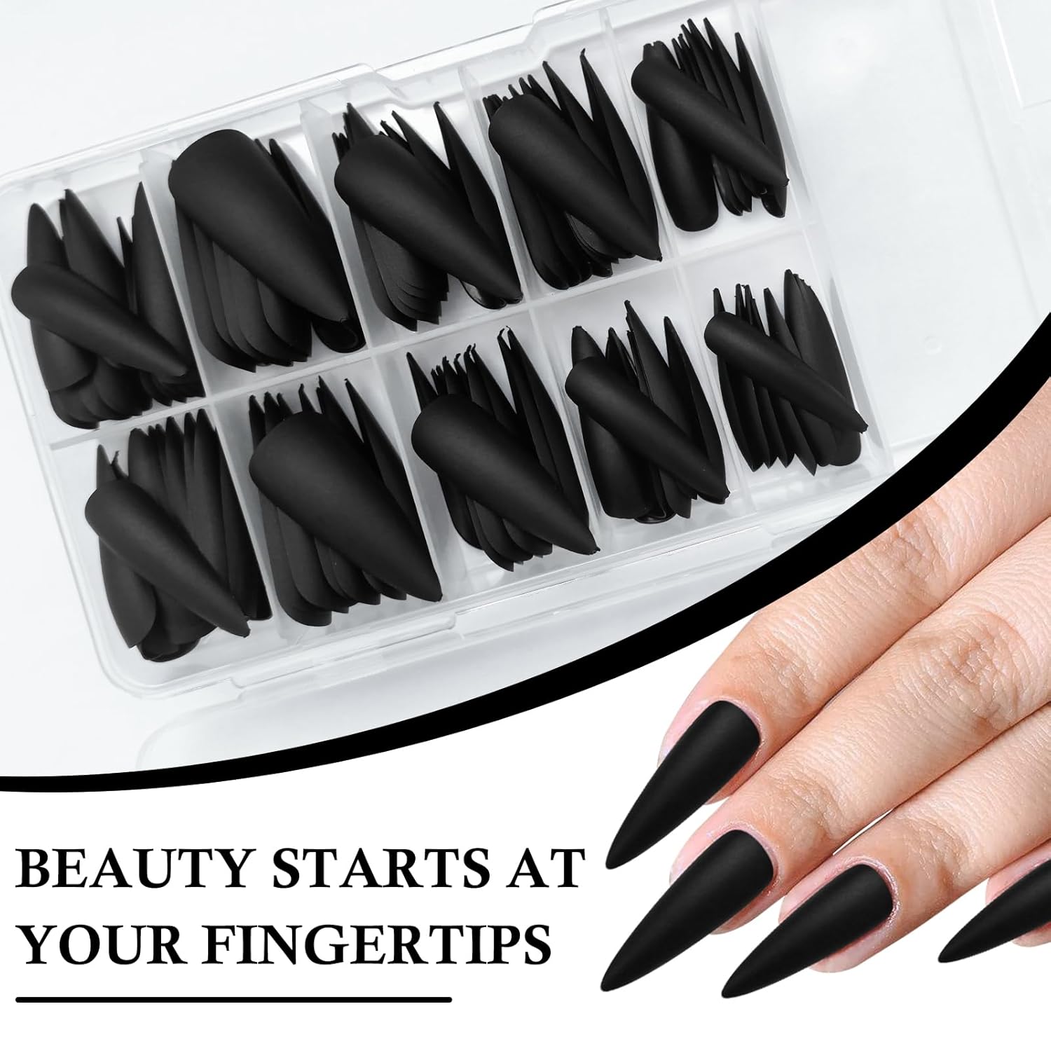 120pcs Matte Black Stiletto Press-On Nails, Long Full Cover, 10 Sizes - Image 2