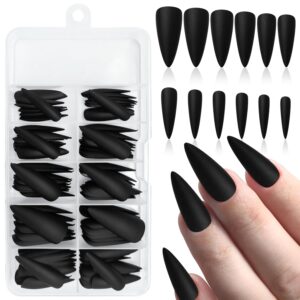 120pcs Matte Black Stiletto Press-On Nails, Long Full Cover, 10 Sizes