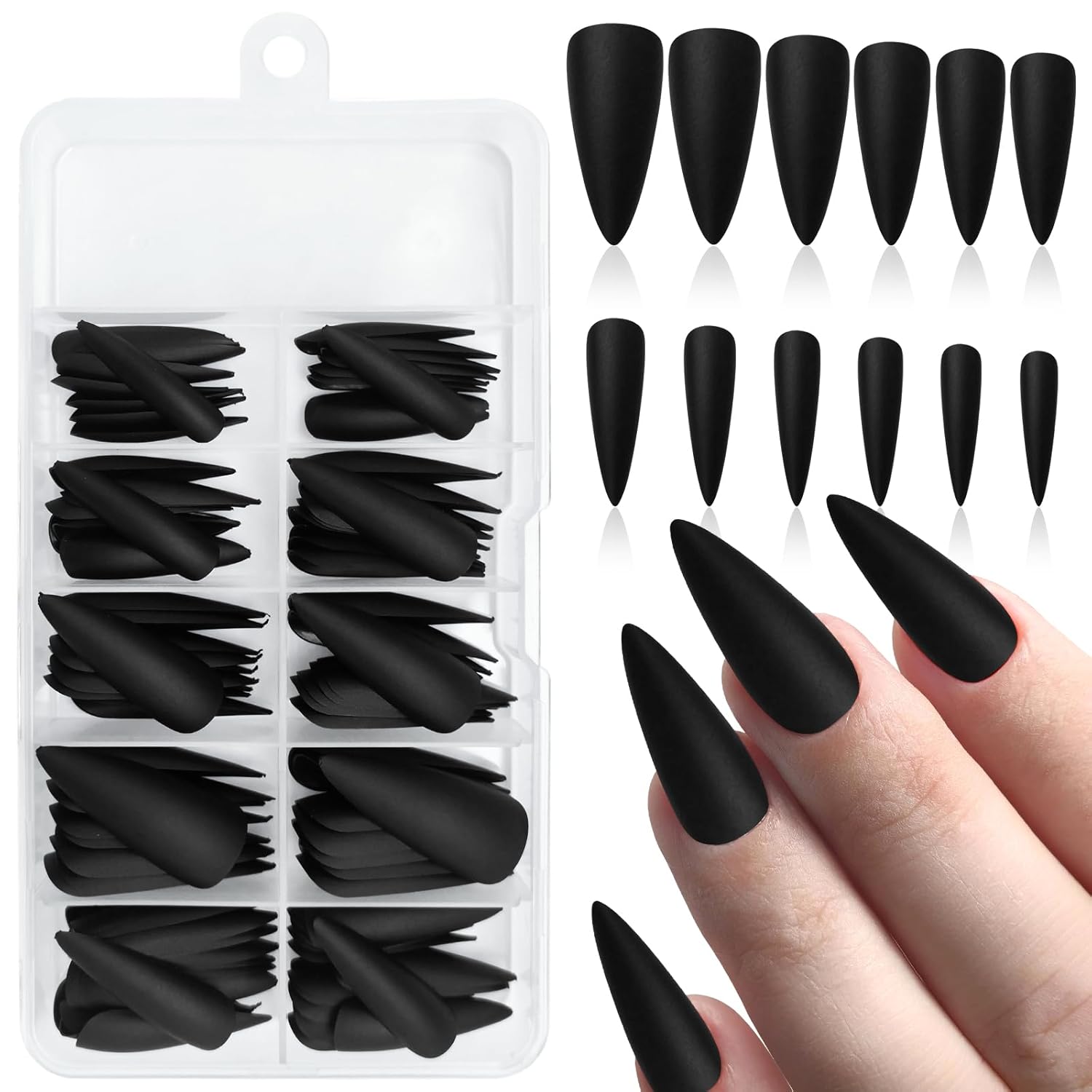 120pcs Matte Black Stiletto Press-On Nails, Long Full Cover, 10 Sizes