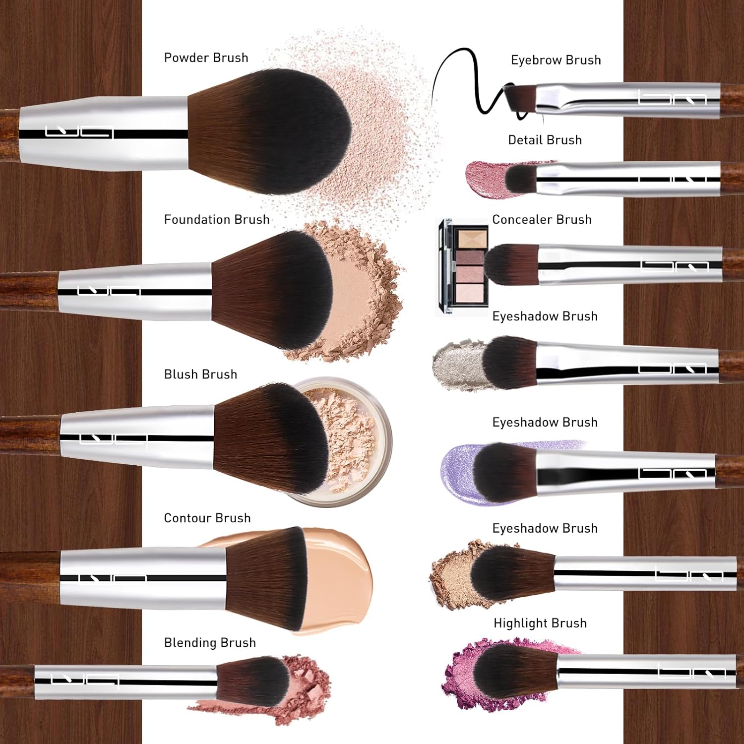 12Pcs Professional Makeup Brush Set for Foundation, Eyeshadow, Blush & Lips (Brown) - Image 3