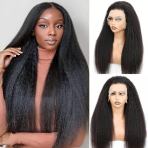 13x6 Kinky Straight Human Hair Wig 200% Density HD Lace Front Wigs Human Hair Pre Plucked 22 Inch Yaki Straight Human Hair Wig for Women Brazilian Wigs Human Hair Natural Color