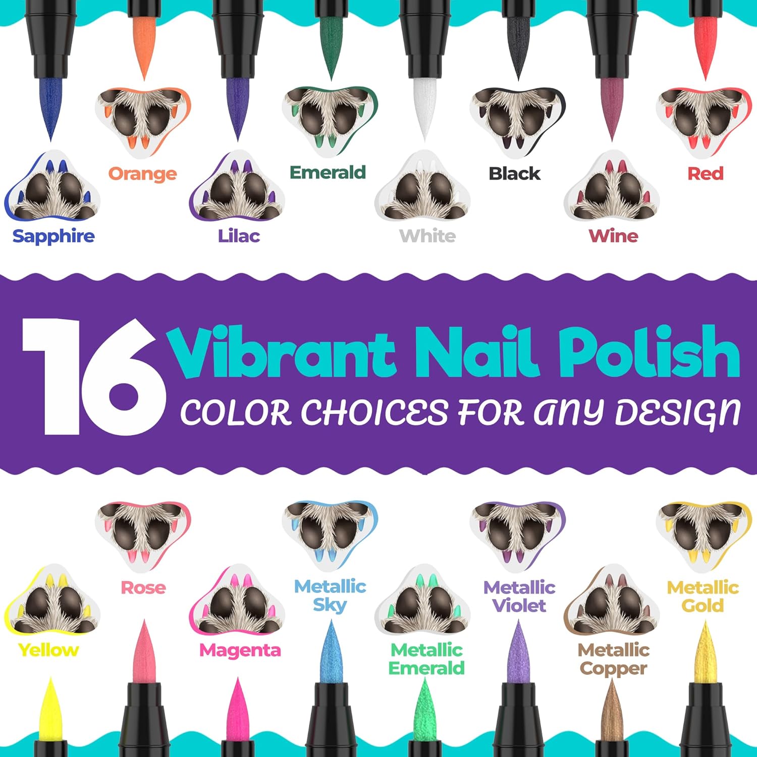 16 Color Pet Safe Quick Dry Dog Nail Polish Pens Set with File Included - Image 2