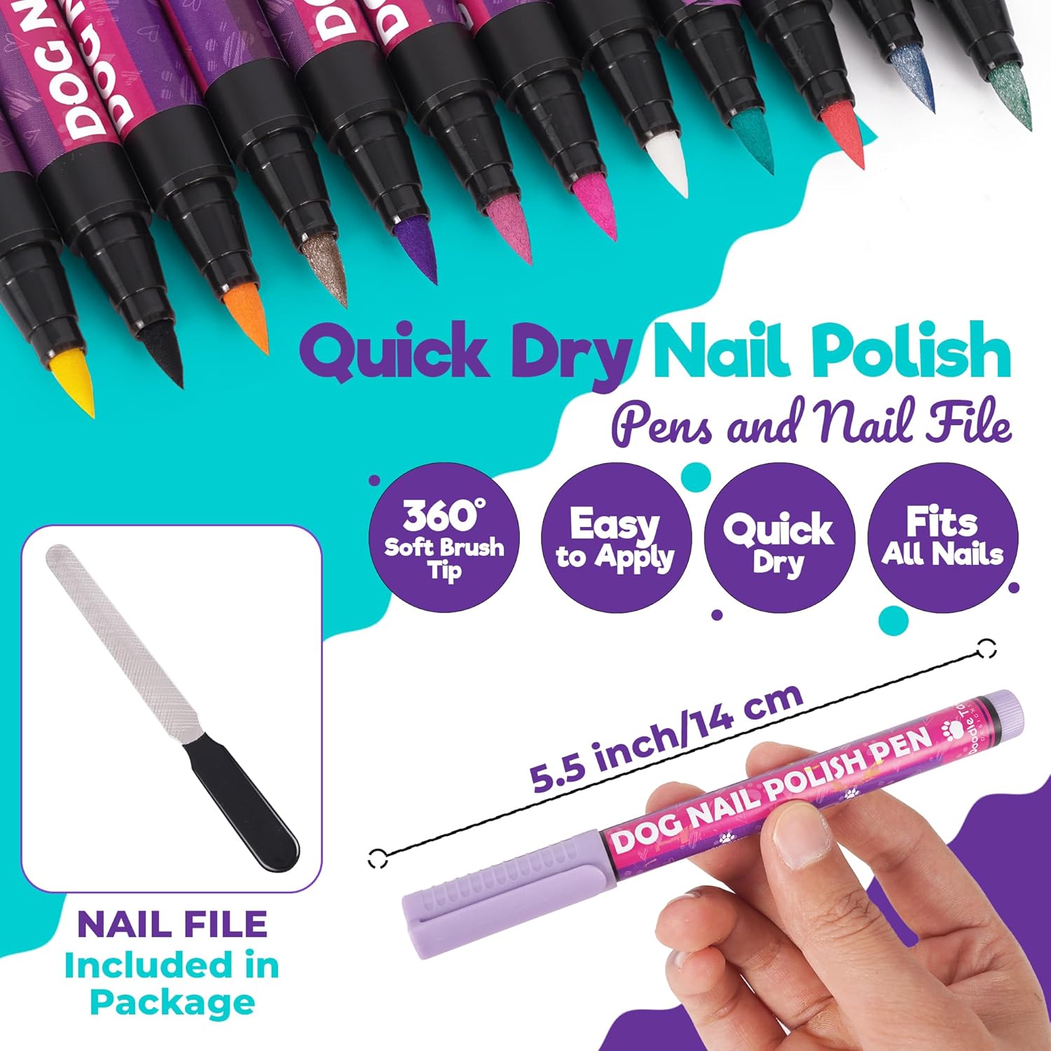 16 Color Pet Safe Quick Dry Dog Nail Polish Pens Set with File Included - Image 3