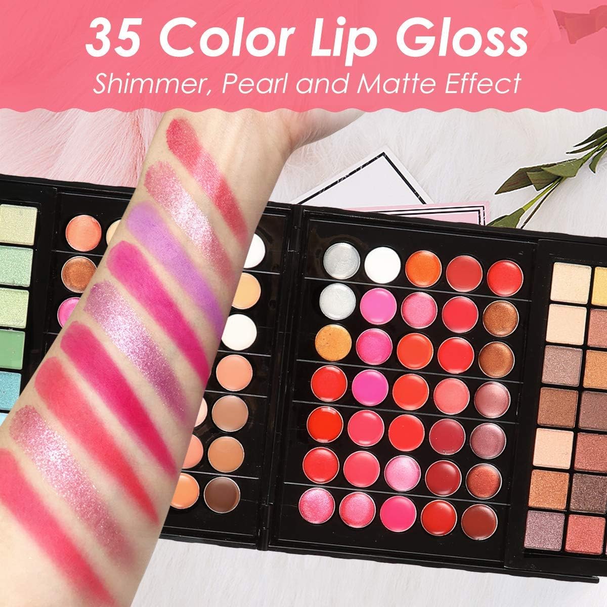 177 Color Hotrose Full Pink Eyeshadow Palette Blush Lip Gloss Concealer Kit Beauty Makeup Set,All-in-One Makeup Kit with Mirror, Applicators - Image 5