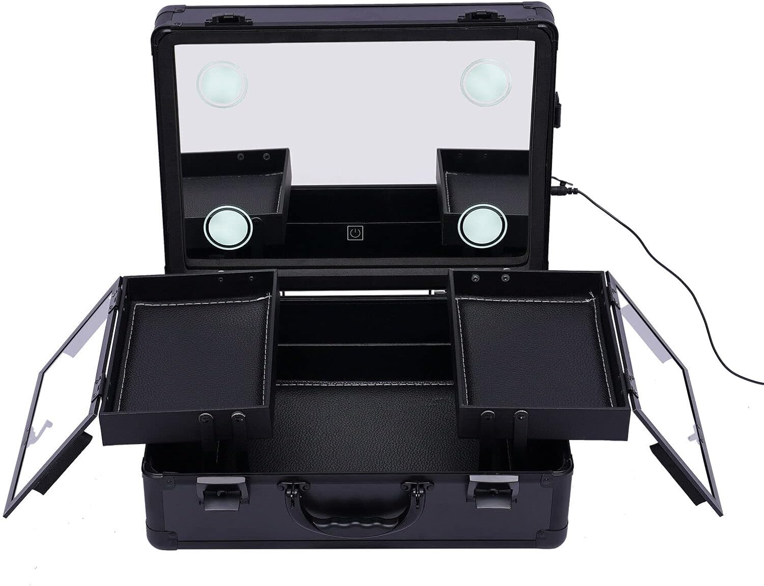 2-Layer Black Makeup Train Case with LED Lights, Mirror & Organizer - Image 5