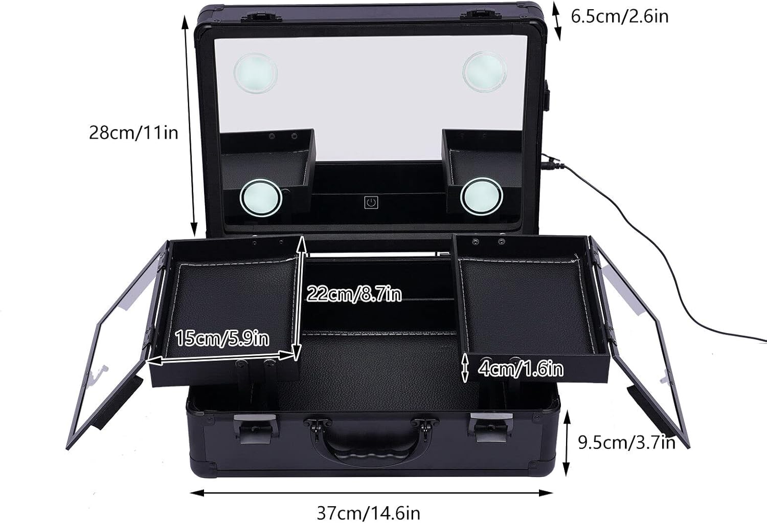 2-Layer Black Makeup Train Case with LED Lights, Mirror & Organizer - Image 3