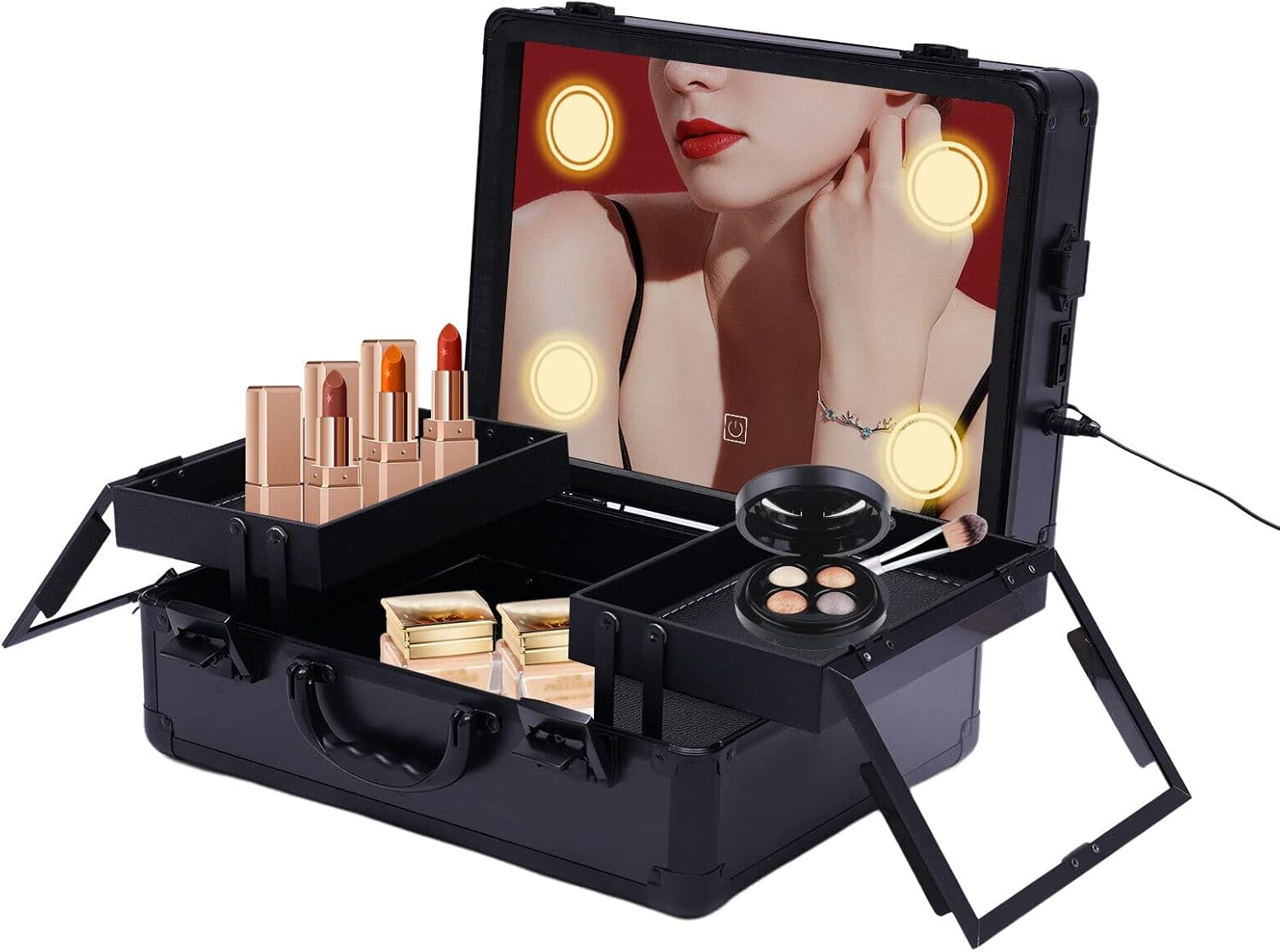 2-Layer Black Makeup Train Case with LED Lights, Mirror & Organizer - Image 2
