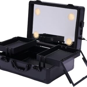 2-Layer Black Makeup Train Case with LED Lights, Mirror & Organizer