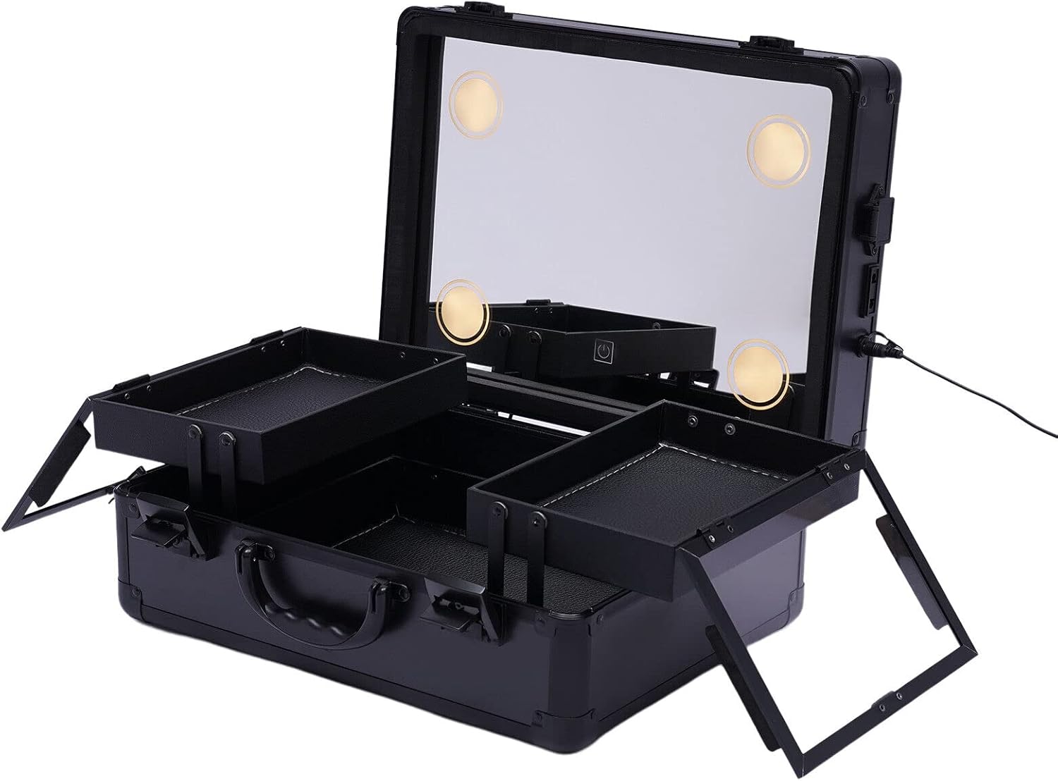 2-Layer Black Makeup Train Case with LED Lights, Mirror & Organizer
