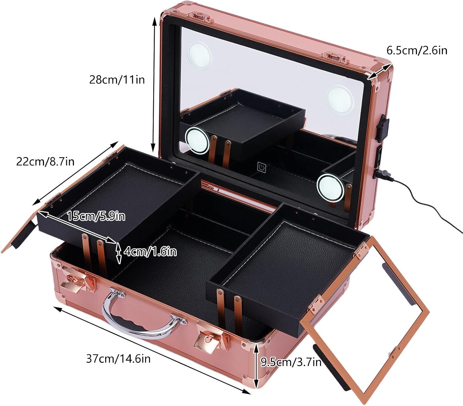 2-Layer Rose Gold Makeup Train Case with LED Lights and Mirror - Image 3