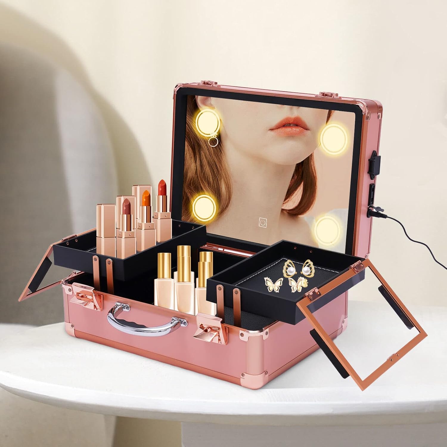 2-Layer Rose Gold Makeup Train Case with LED Lights and Mirror - Image 2