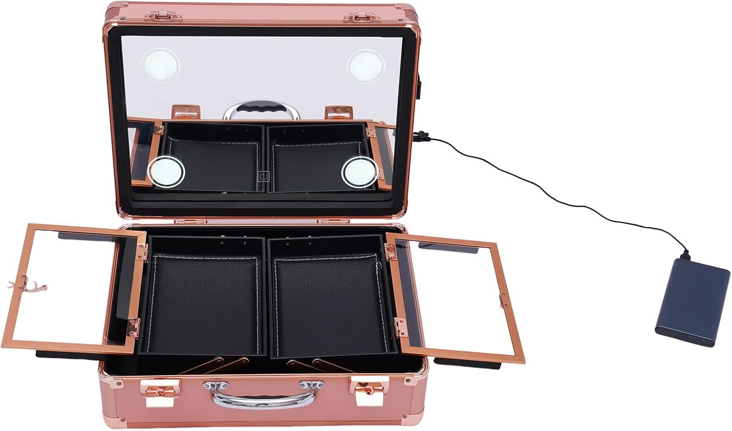 2-Layer Rose Gold Makeup Train Case with LED Lights and Mirror - Image 4