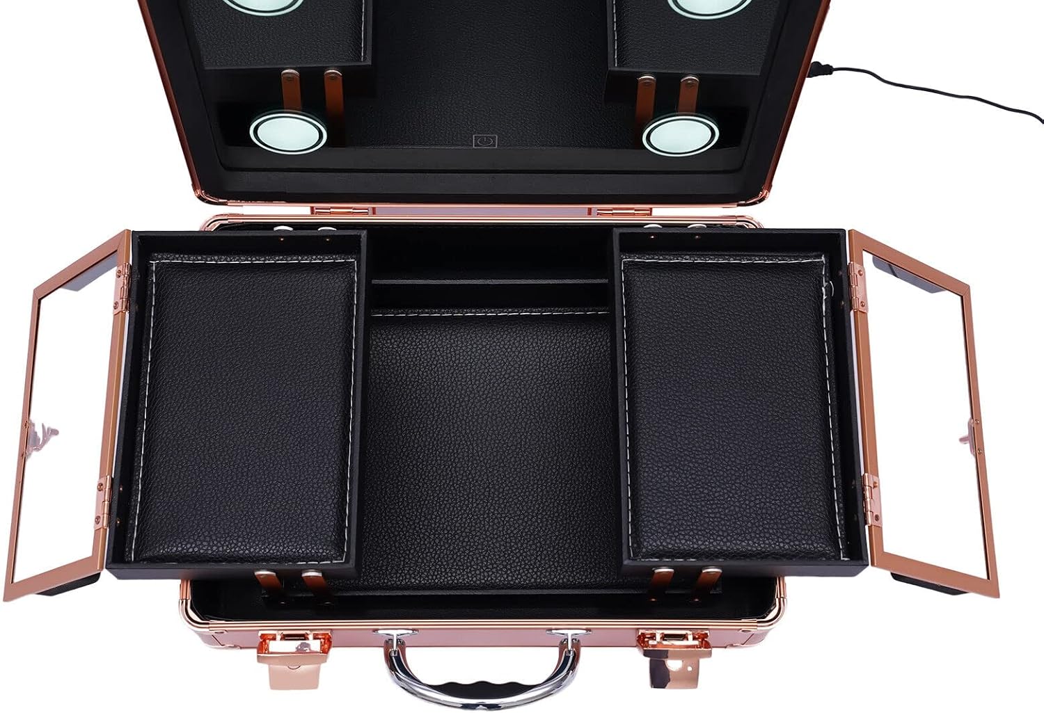 2-Layer Rose Gold Makeup Train Case with LED Lights and Mirror - Image 6