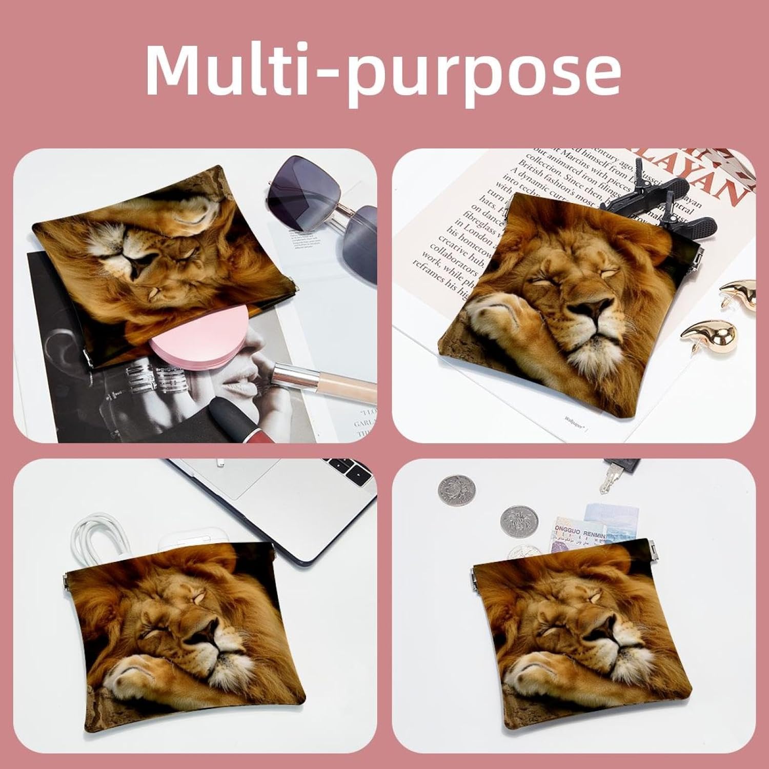 2 Pack Faux Leather Mini Makeup & Jewelry Storage Pouch, Lion Design - Image 5