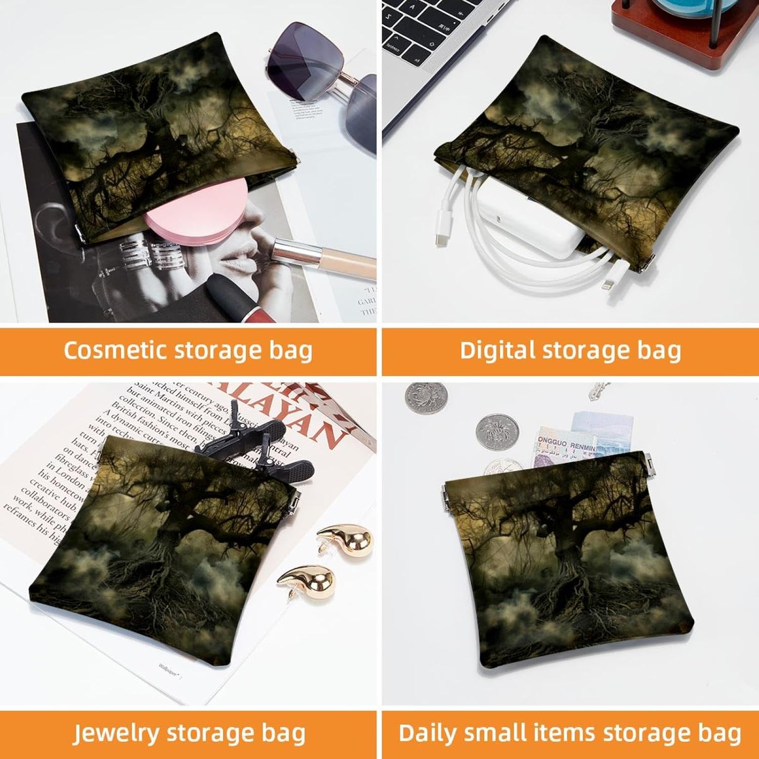 2 Pack Mini Faux Leather Cosmetic Bags - Halloween Tree & Skull Design - Image 4