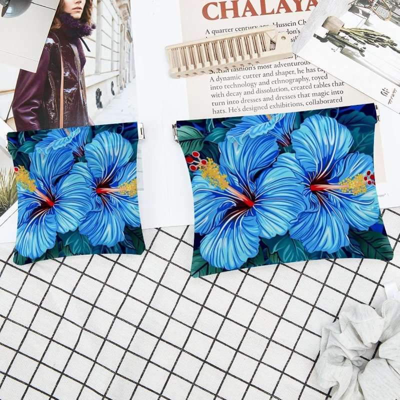 2 Pcs Faux Leather Mini Makeup Bag, Hawaii Blue Hibiscus Organizer - Image 6
