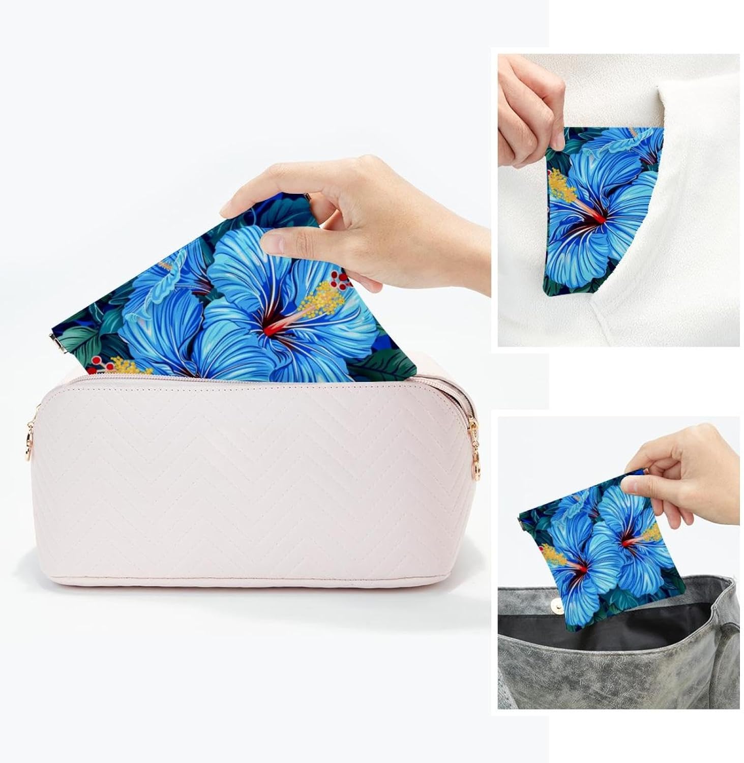 2 Pcs Faux Leather Mini Makeup Bag, Hawaii Blue Hibiscus Organizer - Image 5