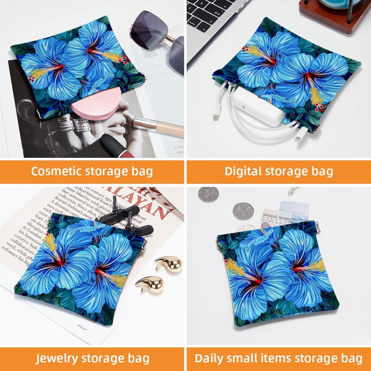2 Pcs Faux Leather Mini Makeup Bag, Hawaii Blue Hibiscus Organizer - Image 4