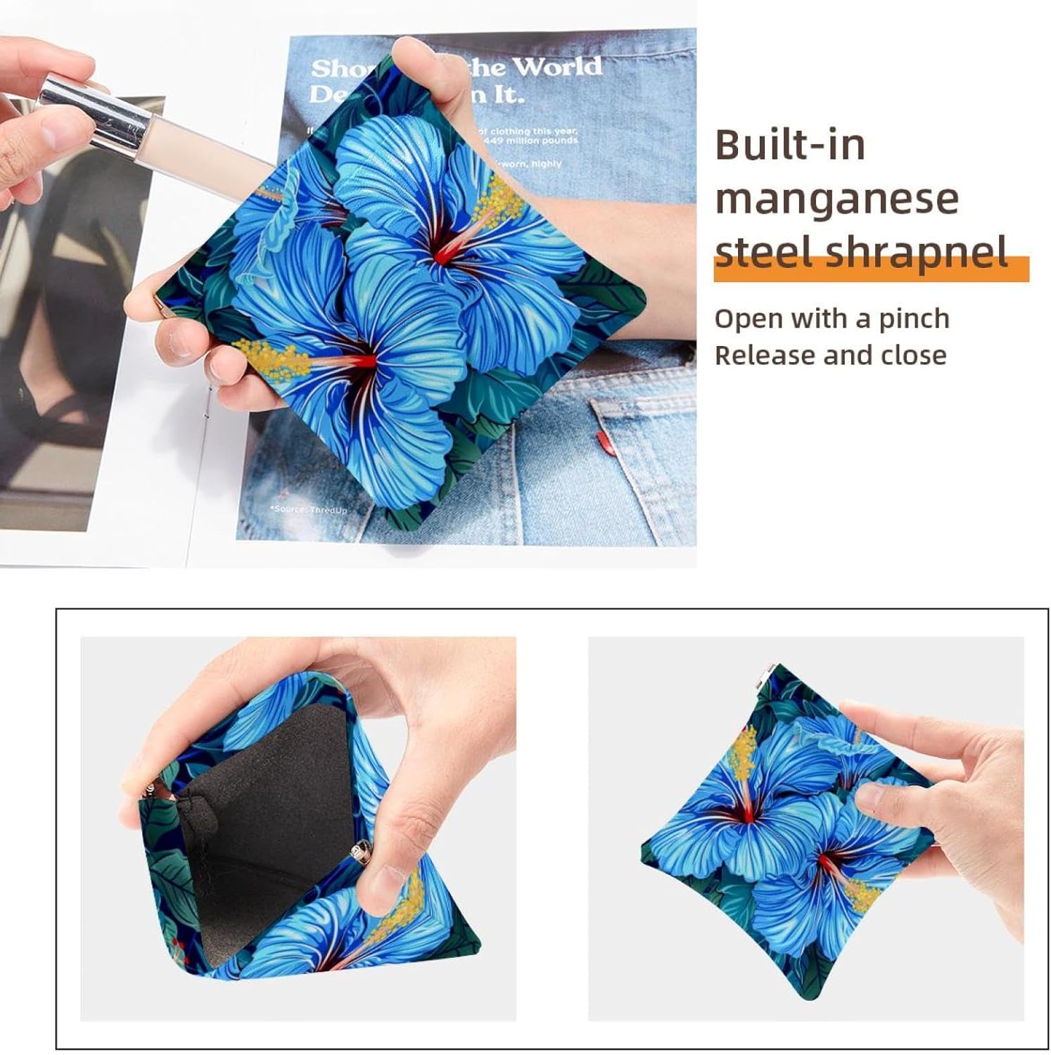 2 Pcs Faux Leather Mini Makeup Bag, Hawaii Blue Hibiscus Organizer - Image 3