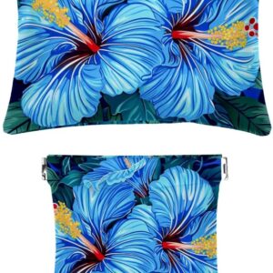 2 Pcs Faux Leather Mini Makeup Bag, Hawaii Blue Hibiscus Organizer