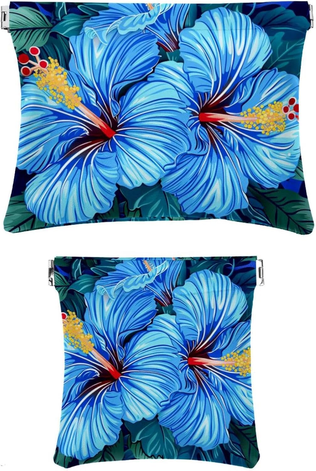 2 Pcs Faux Leather Mini Makeup Bag, Hawaii Blue Hibiscus Organizer