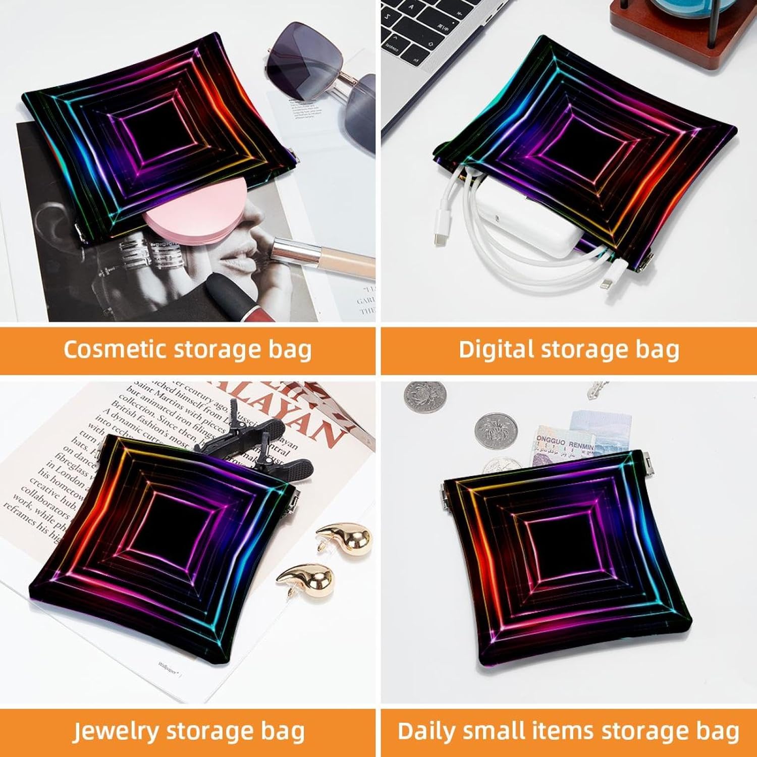 2 PCS Faux Leather Mini Makeup Bag, Portable Travel Kit with Colorful Squares - Image 4