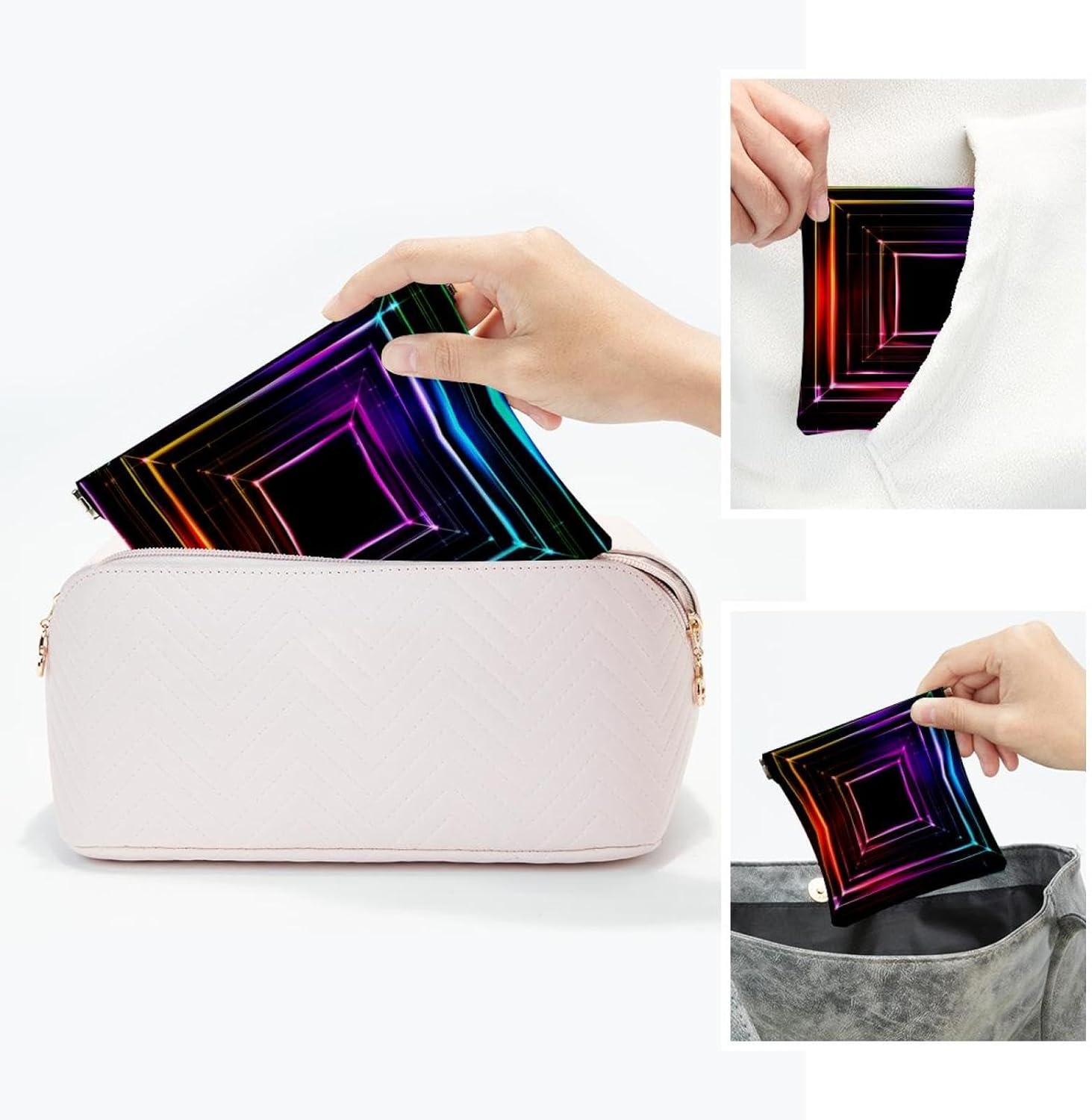 2 PCS Faux Leather Mini Makeup Bag, Portable Travel Kit with Colorful Squares - Image 5