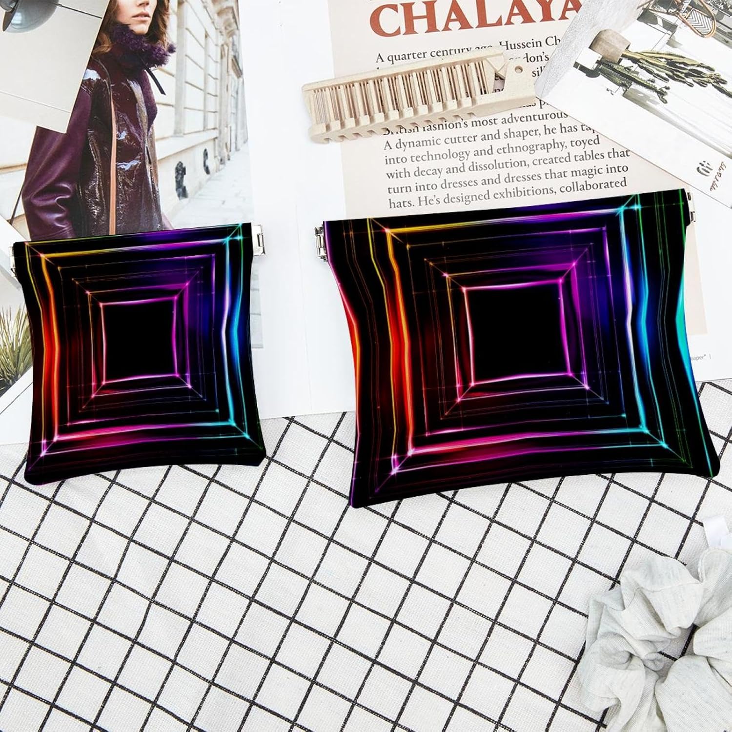 2 PCS Faux Leather Mini Makeup Bag, Portable Travel Kit with Colorful Squares - Image 6