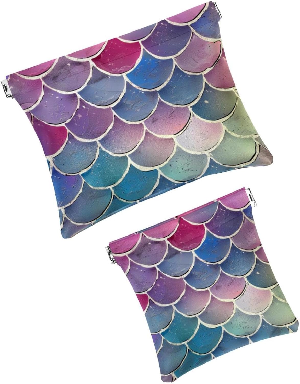 2 Pcs Faux Leather Mini Makeup Bags, Mermaid Scales Design, Pink Purple