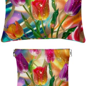2 Pcs Faux Leather Mini Travel Makeup Bag, Easter Tulip Storage Pouch